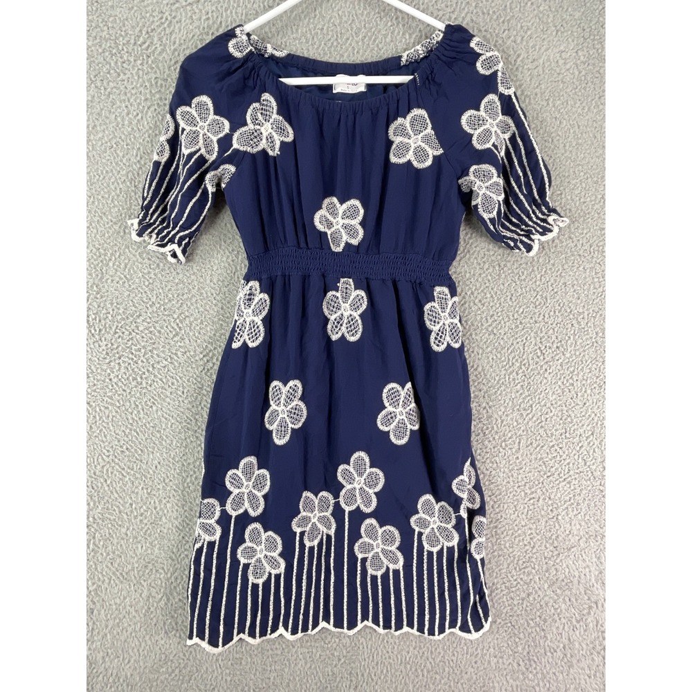 Kindred Mini Dress Womens Small Navy Blue Floral Embroidered Smocked Waist Boho